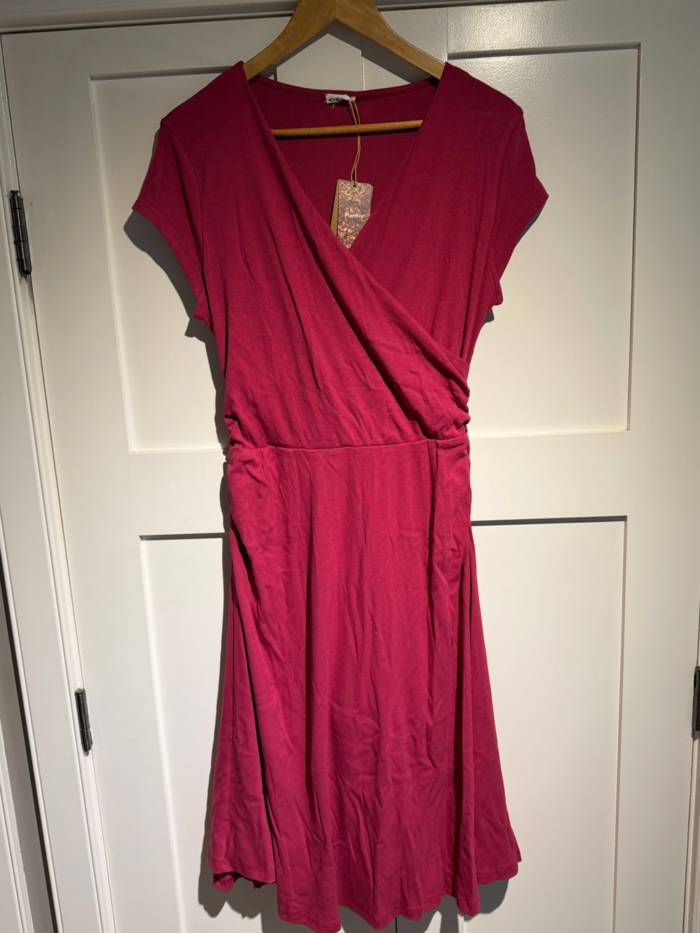 Stretch cotton surplice v-neck cap sleeve midi dress